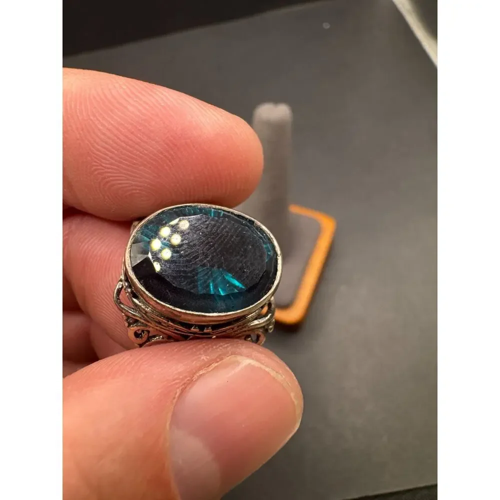 Vtg 925 Sterling Silver Blue Topaz Glass Cocktail Ring Ornate Filigree Size 10